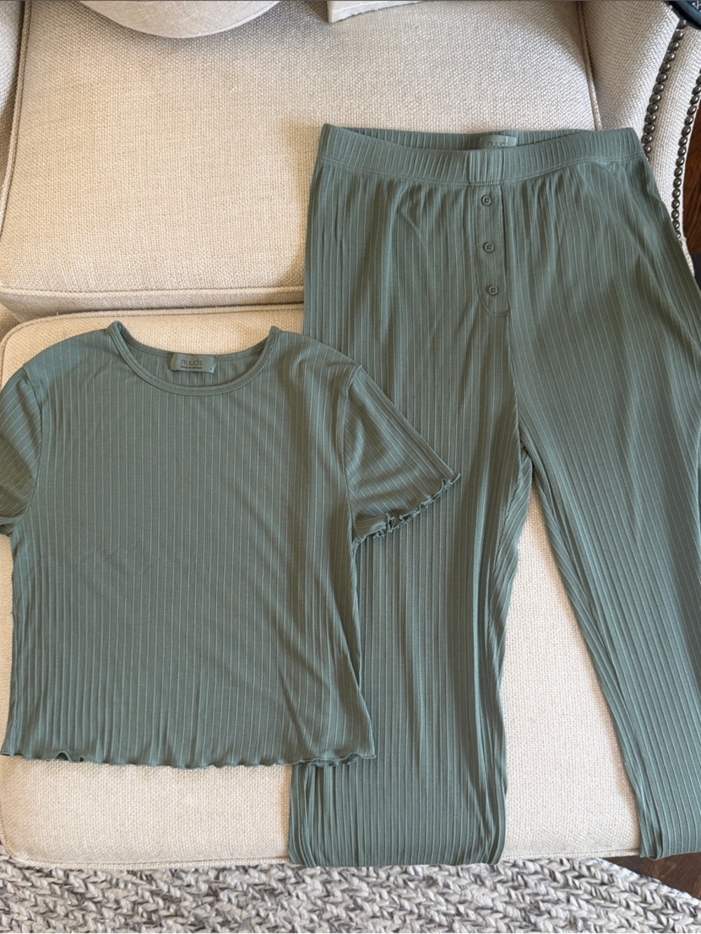 nuuds Agave/Olive Green Ribbed Tank Top and Lounge Pants Pajamas